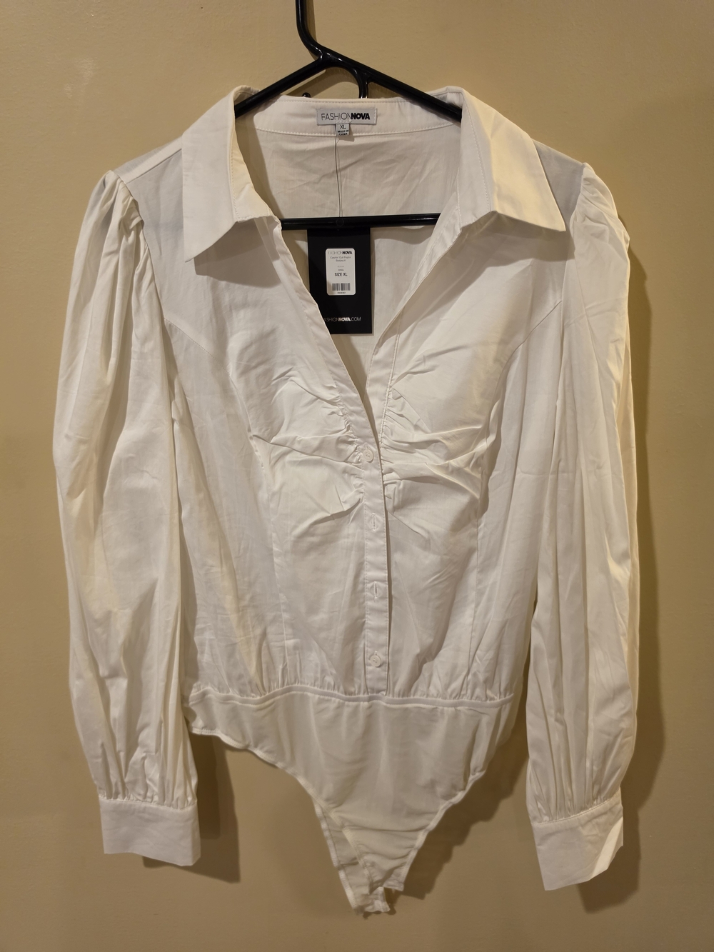 Fashion Nova White Long-Sleeve Ruched Shirt Bodysuit